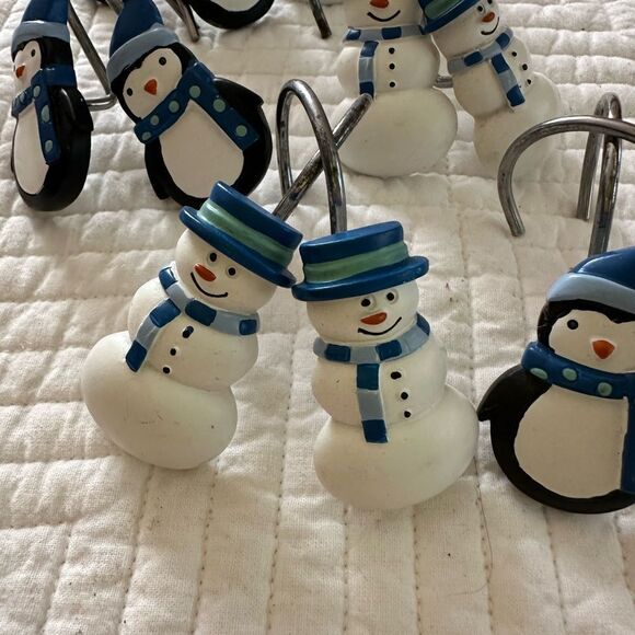 Holiday Shower Curtain Hooks Penguins Snowmen Set of 12 - Picture 6 of 8